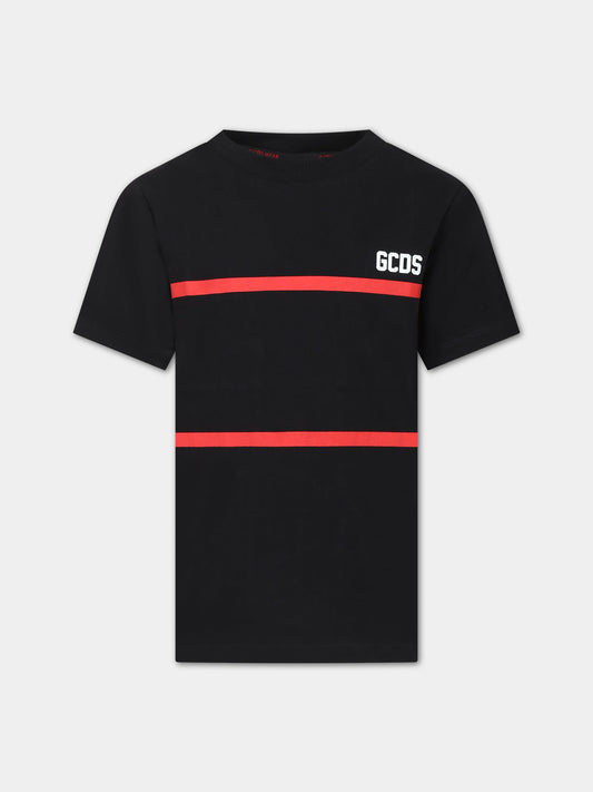 T-shirt nera per bambino con righe rosse,Gcds Kids,DUM00I LAA29 60100