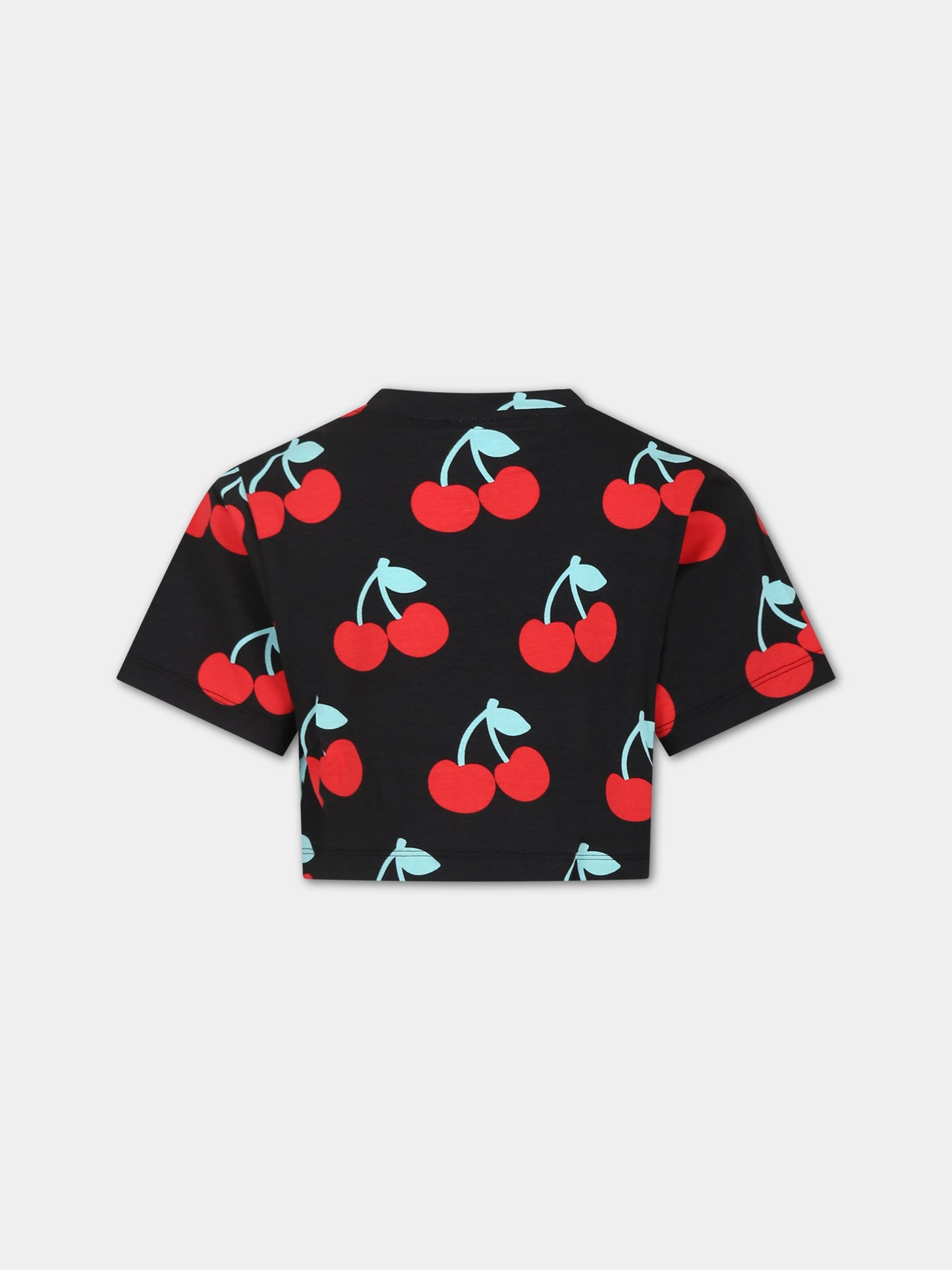 T-shirt nera per bambina con stampa ciliegie all-over,Gcds Kids,DDM00G LBB0C 84342
