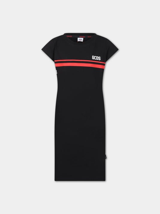 Abito nero per bambina con righe rosse e logo,Gcds Kids,DDV008 LBA36 60100