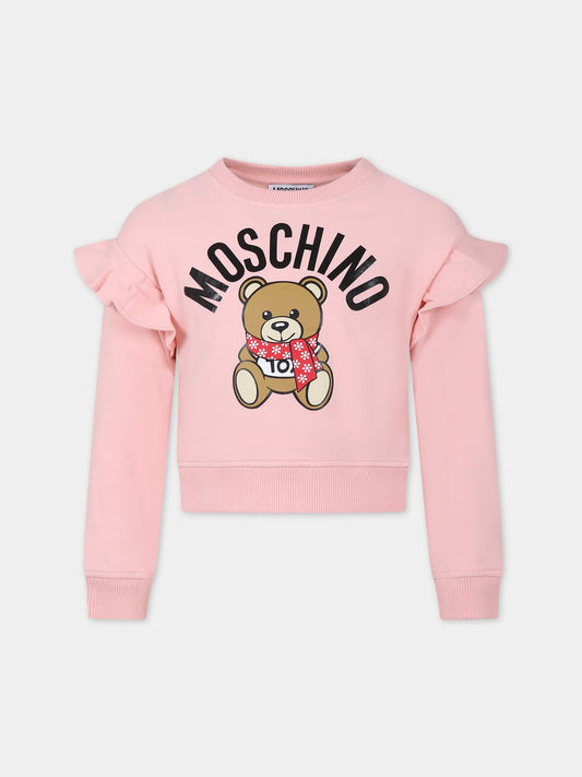 Felpa rosa per bambina con Teddy Bear e logo,Moschino Kids,HDF05B LDA53 50209