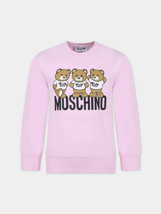 Felpa rosa per bambina con Teddy Bears e logo,Moschino Kids,HUF07R LCA40 51684
